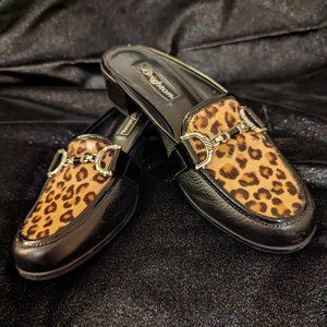BRIGHTON AUSTEN LEOPARD PRINT 7 M CALF HAIR MULE SLIDES CLOGS